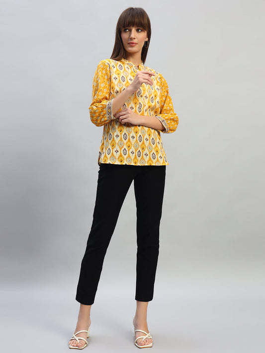 Women's Printed Mustard 3/4th Sleeves Round Neck Casual Tunic