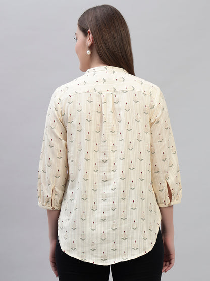 Women's Off White Printed 3/4th Sleeves Round Neck Casual Tunic