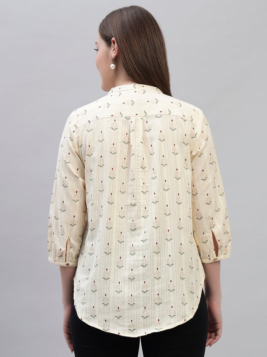 Women's Off White Printed 3/4th Sleeves Round Neck Casual Tunic