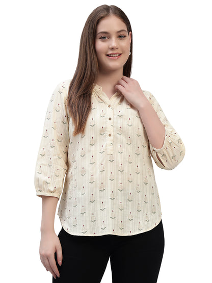 Women's Off White Printed 3/4th Sleeves Round Neck Casual Tunic