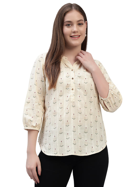 Women's Off White Printed 3/4th Sleeves Round Neck Casual Tunic