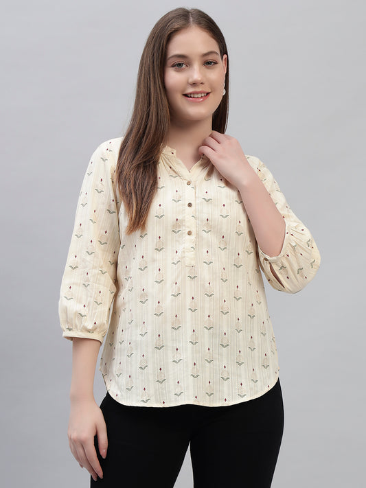 Women's Off White Printed 3/4th Sleeves Round Neck Casual Tunic