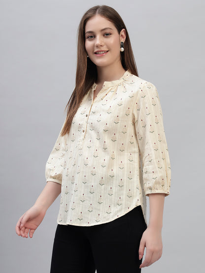 Women's Off White Printed 3/4th Sleeves Round Neck Casual Tunic