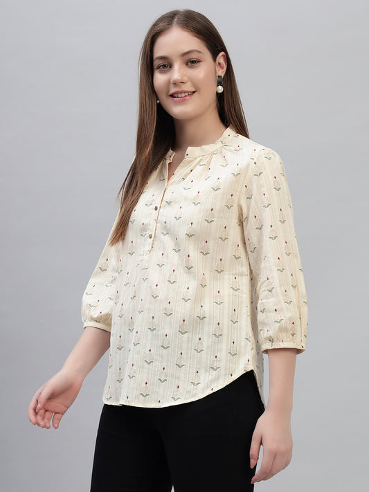 Women's Off White Printed 3/4th Sleeves Round Neck Casual Tunic