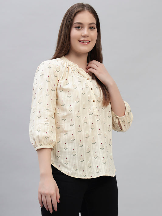 Women's Off White Printed 3/4th Sleeves Round Neck Casual Tunic