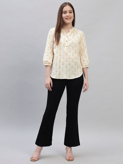 Women's Off White Printed 3/4th Sleeves Round Neck Casual Tunic