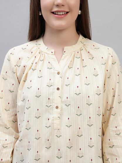 Women's Off White Printed 3/4th Sleeves Round Neck Casual Tunic