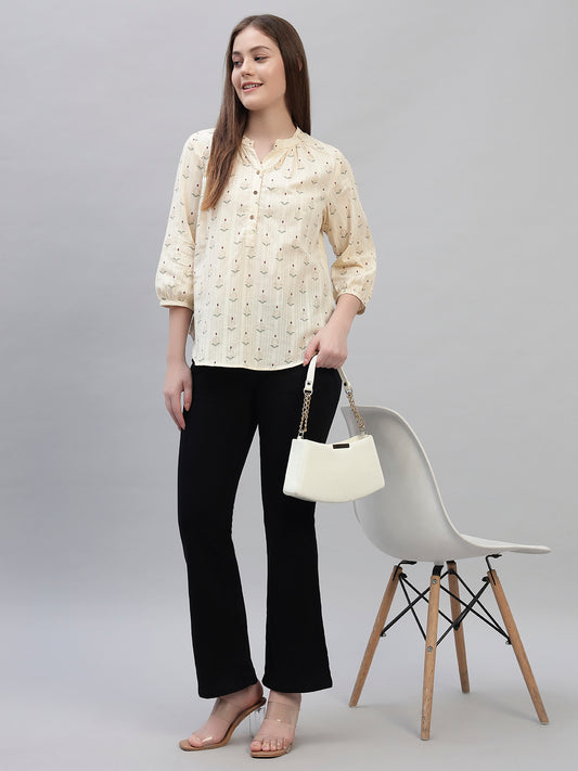 Women's Off White Printed 3/4th Sleeves Round Neck Casual Tunic