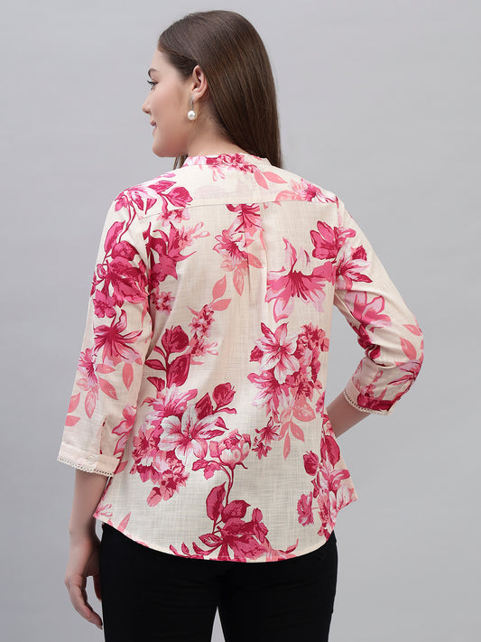 Women's Pink Printed 3/4th Sleeves Round Neck Casual Tunic