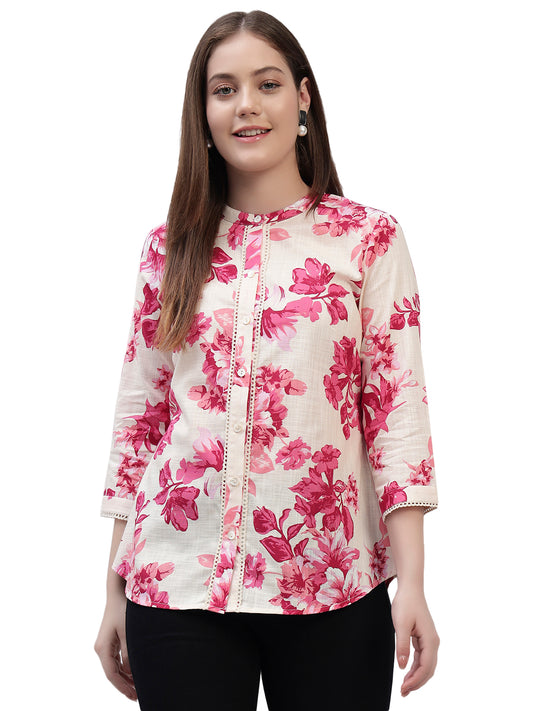 Women's Pink Printed 3/4th Sleeves Round Neck Casual Tunic