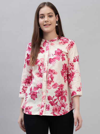 Women's Pink Printed 3/4th Sleeves Round Neck Casual Tunic