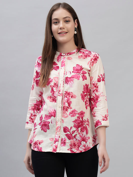 Women's Pink Printed 3/4th Sleeves Round Neck Casual Tunic
