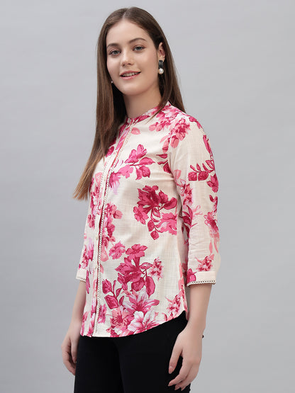 Women's Pink Printed 3/4th Sleeves Round Neck Casual Tunic