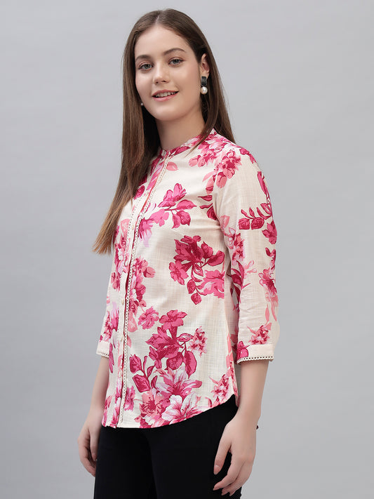 Women's Pink Printed 3/4th Sleeves Round Neck Casual Tunic
