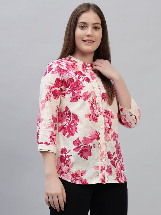 Women's Pink Printed 3/4th Sleeves Round Neck Casual Tunic
