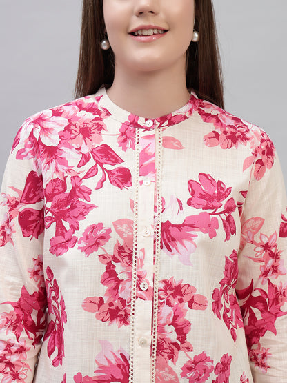 Women's Pink Printed 3/4th Sleeves Round Neck Casual Tunic