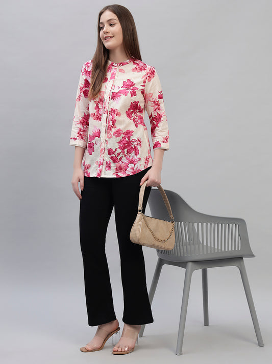 Women's Pink Printed 3/4th Sleeves Round Neck Casual Tunic