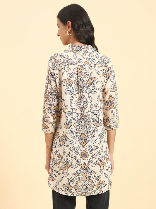 Women's Brown Printed 3/4th Sleeve Shirt Collar Casual Tunic