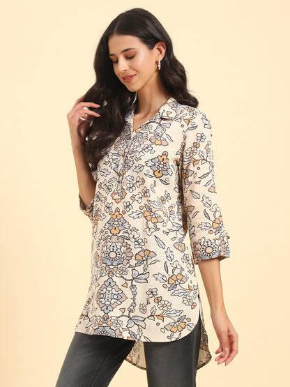 Women's Brown Printed 3/4th Sleeve Shirt Collar Casual Tunic