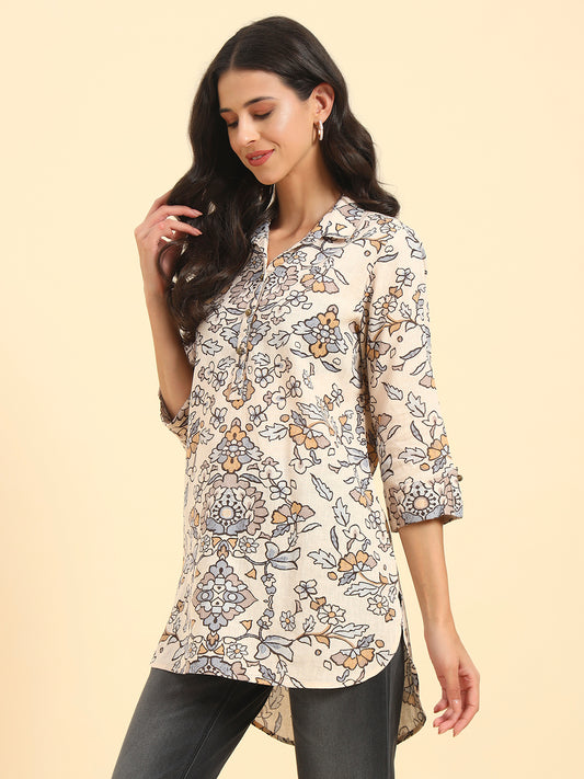 Women's Brown Printed 3/4th Sleeve Shirt Collar Casual Tunic