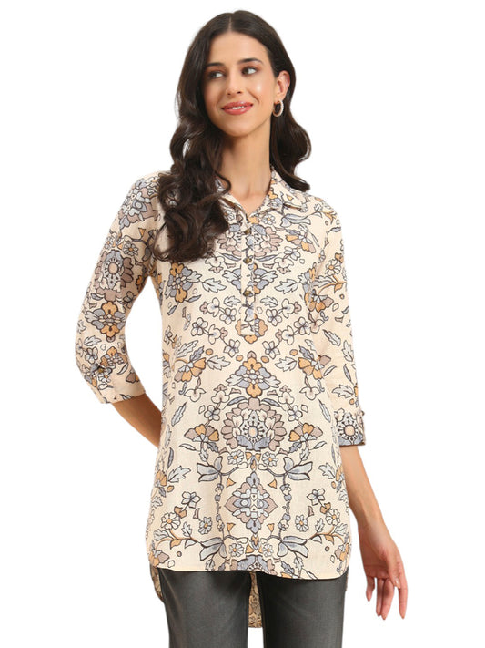 Women's Brown Printed 3/4th Sleeve Shirt Collar Casual Tunic