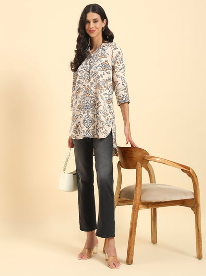 Women's Brown Printed 3/4th Sleeve Shirt Collar Casual Tunic