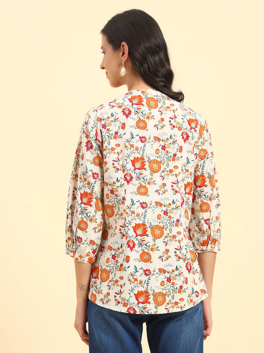 Women's Off White Printed 3/4th Sleeve Mandarin Collar Casual Tunic