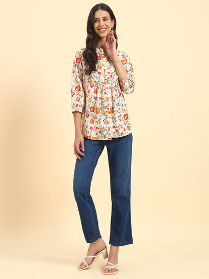 Women's Off White Printed 3/4th Sleeve Mandarin Collar Casual Tunic