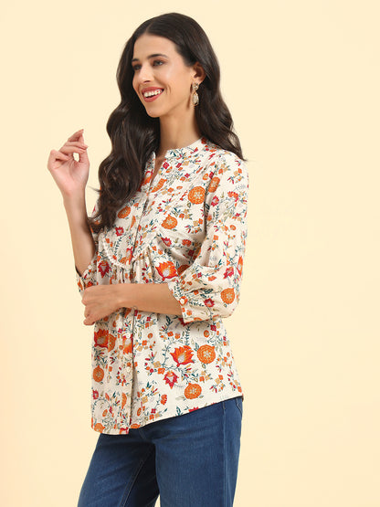 Women's Off White Printed 3/4th Sleeve Mandarin Collar Casual Tunic