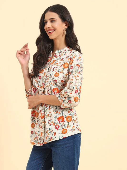 Women's Off White Printed 3/4th Sleeve Mandarin Collar Casual Tunic