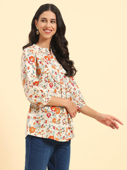 Women's Off White Printed 3/4th Sleeve Mandarin Collar Casual Tunic