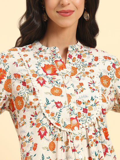 Women's Off White Printed 3/4th Sleeve Mandarin Collar Casual Tunic