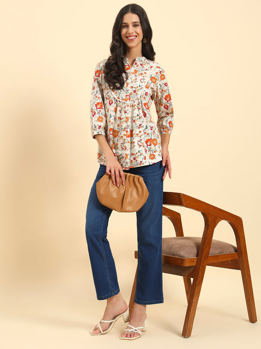 Women's Off White Printed 3/4th Sleeve Mandarin Collar Casual Tunic