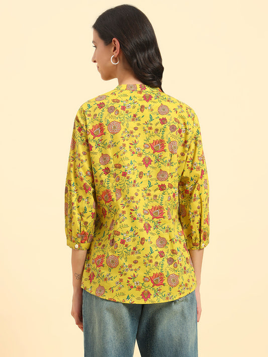 Women's Mustard Printed 3/4th Sleeve Mandarin Collar Casual Tunic