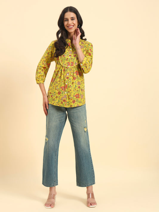 Women's Mustard Printed 3/4th Sleeve Mandarin Collar Casual Tunic
