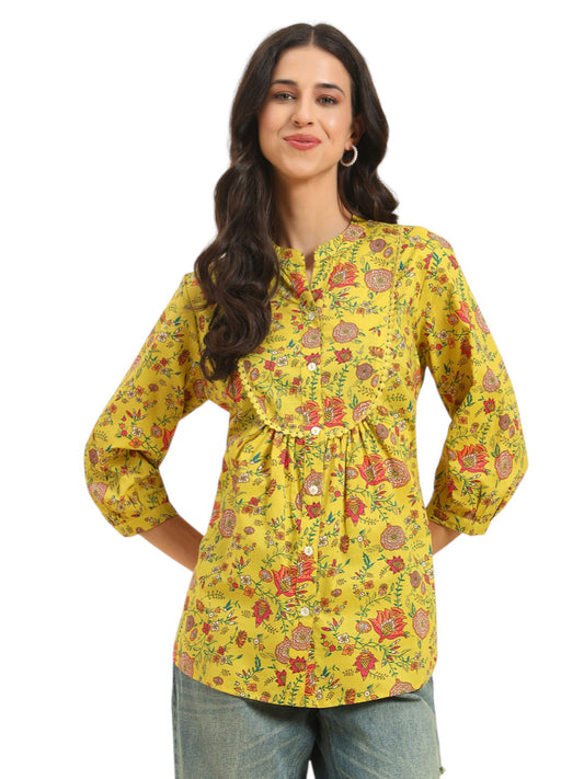 Women's Mustard Printed 3/4th Sleeve Mandarin Collar Casual Tunic