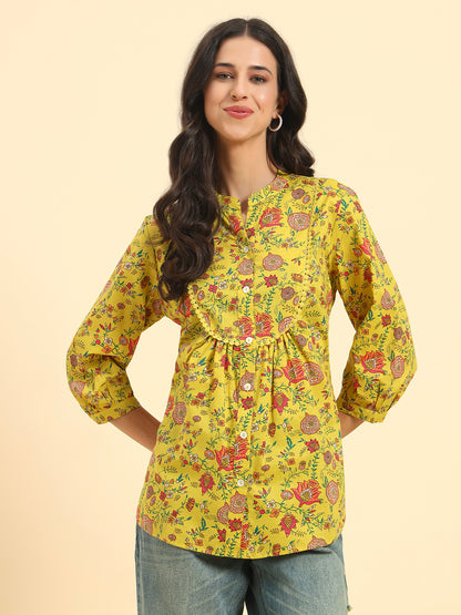 Women's Mustard Printed 3/4th Sleeve Mandarin Collar Casual Tunic
