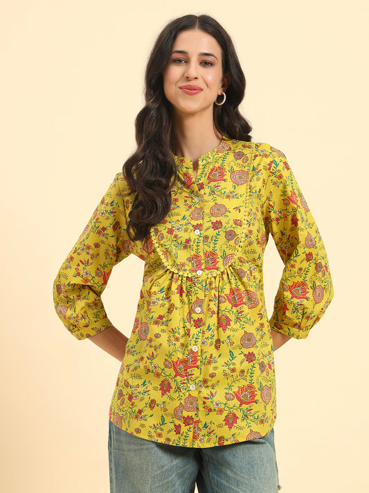Women's Mustard Printed 3/4th Sleeve Mandarin Collar Casual Tunic