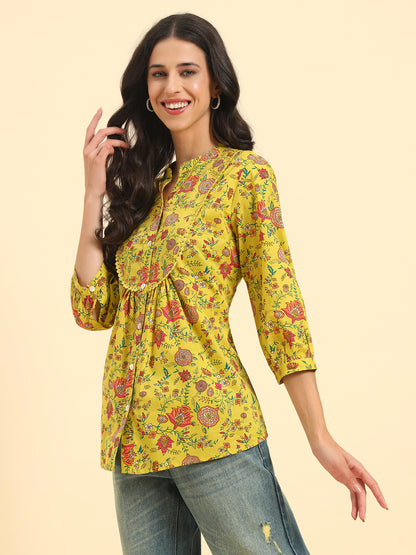 Women's Mustard Printed 3/4th Sleeve Mandarin Collar Casual Tunic