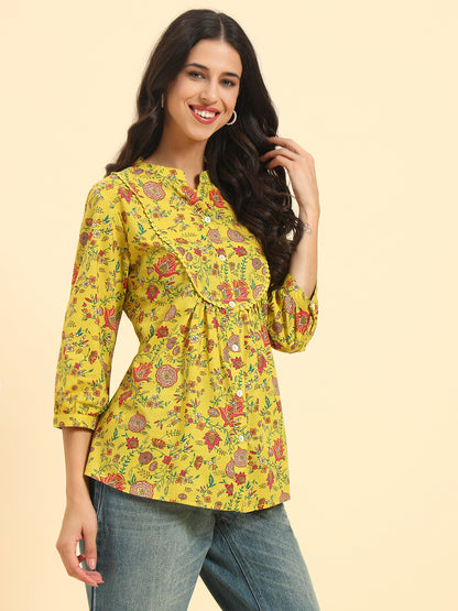 Women's Mustard Printed 3/4th Sleeve Mandarin Collar Casual Tunic