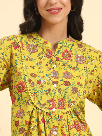 Women's Mustard Printed 3/4th Sleeve Mandarin Collar Casual Tunic
