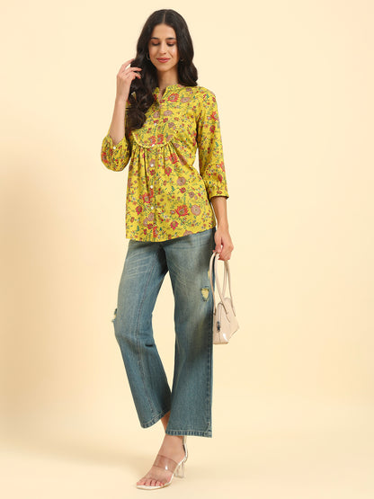 Women's Mustard Printed 3/4th Sleeve Mandarin Collar Casual Tunic