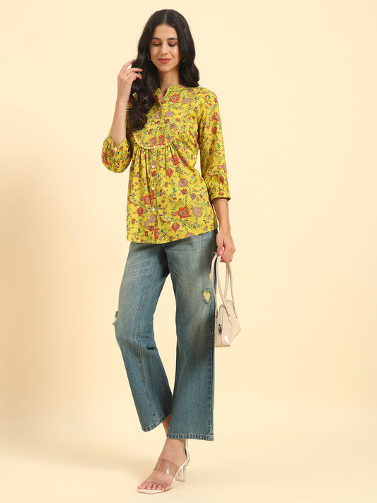 Women's Mustard Printed 3/4th Sleeve Mandarin Collar Casual Tunic
