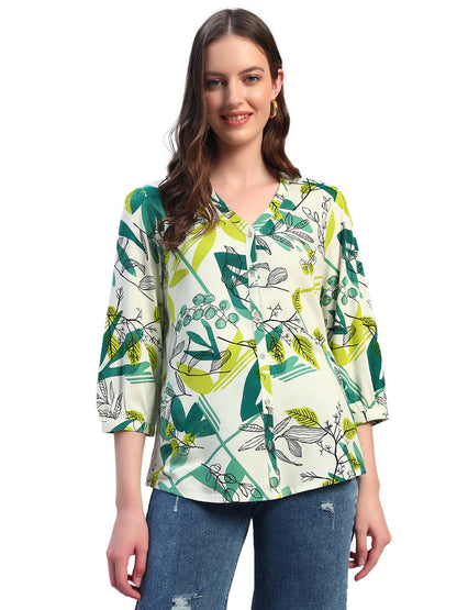 Women Green Printed V-Neck 3/4th Sleeves Casual Tunic