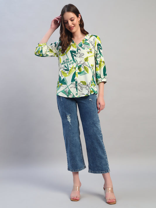 Women Green Printed V-Neck 3/4th Sleeves Casual Tunic