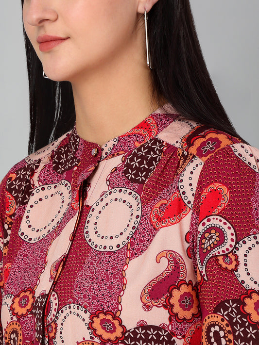 Women's Casual  Multi Color Paisley Print Mandarin Collar Tunic