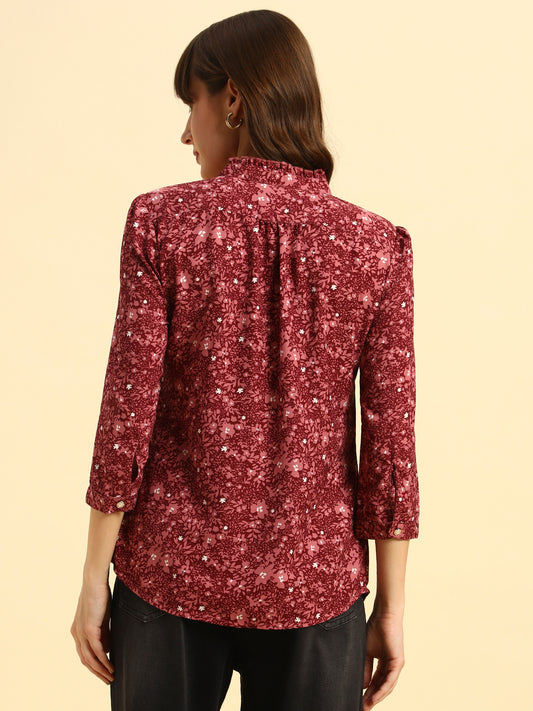 Top for Women | Breathable & Soft with Color Fastness Regular Fit Mandarin Collar Poly Cotton Fabric Printed Pattern