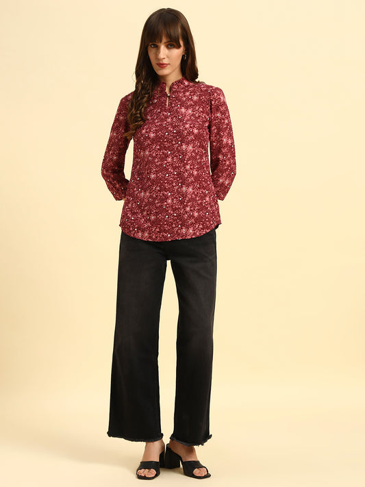 Top for Women | Breathable & Soft with Color Fastness Regular Fit Mandarin Collar Poly Cotton Fabric Printed Pattern