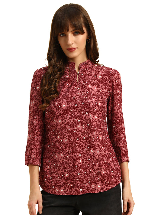 Top for Women | Breathable & Soft with Color Fastness Regular Fit Mandarin Collar Poly Cotton Fabric Printed Pattern