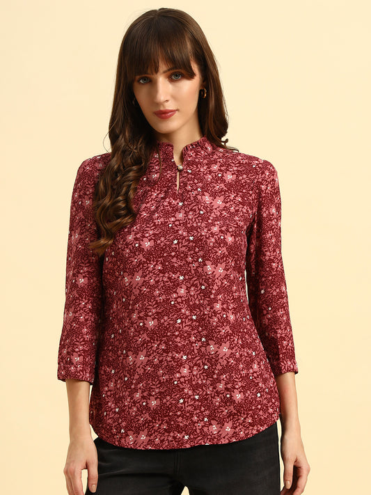 Top for Women | Breathable & Soft with Color Fastness Regular Fit Mandarin Collar Poly Cotton Fabric Printed Pattern
